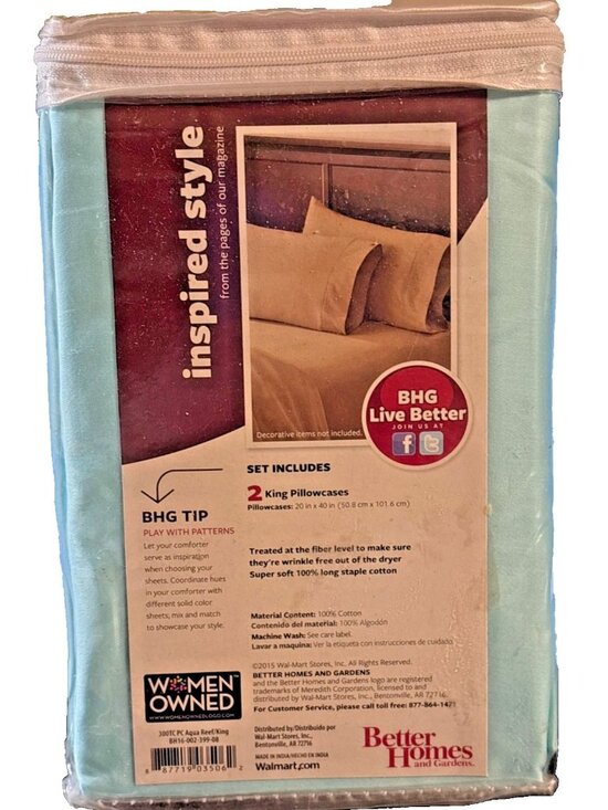 Better Homes & Gardens Other - BHG King Size 300 Thread Count Wrinkle Free Cotton Pillowcase Aqua Reef Sage Grn